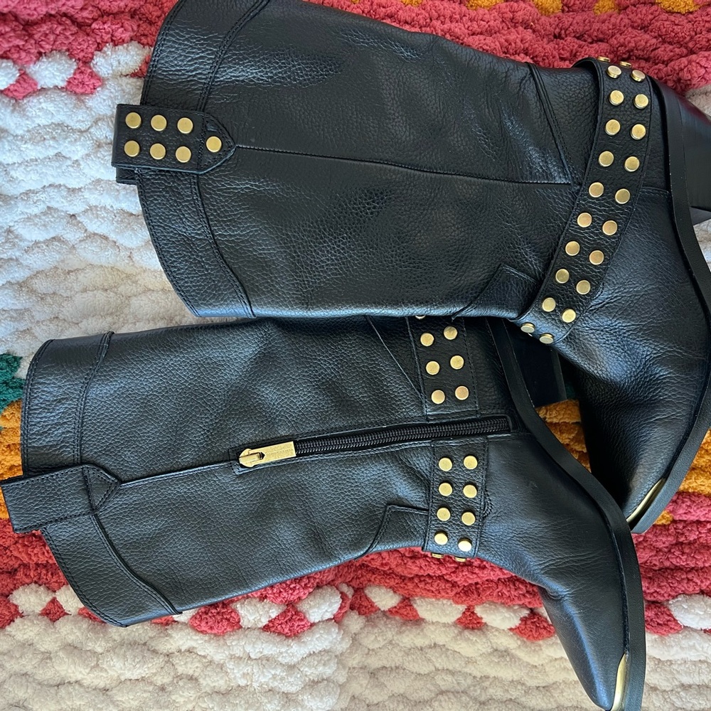 Vince Camuto Black Heeled Boots with Gold Studs